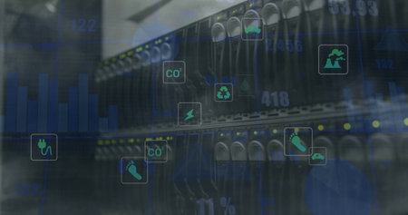 Image of icons and data processing over server room. Global business and digital interface concept...