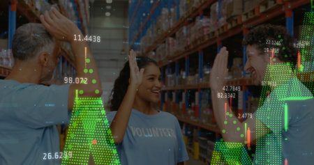 Image of data processing over diverse volunteers in warehouse. Global shipping, computing and...