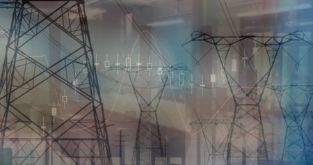 Image of data processing over pylons. Global business and digital interface concept digitally generated image.の写真素材