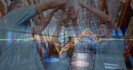 Image of financial graphs and data over diverse female and male warehouse workers. Business, finance...