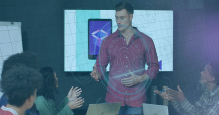 Image of digital screen with data over diverse coworkers in office. Business, network,...