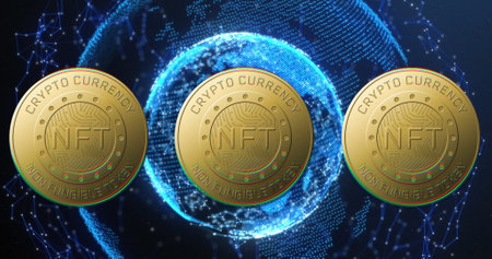 Image of nft text on golden coins and globe over dark background. Global business, finances, data processing and digital interface concept digitally generated image.の写真素材