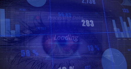 Image of financial data and graphs over woman eye on blue background. Global business, finance, economy and technology concept digitally generated image.の写真素材