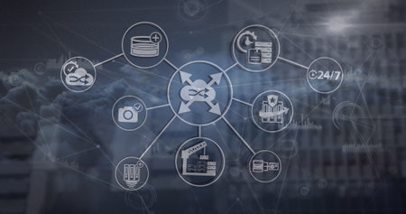 Image of network of digital icons and network of connections over clouds against tall buildings....