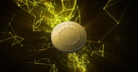 Image of nft text on golden coin and network of connections over dark background. Global business,...