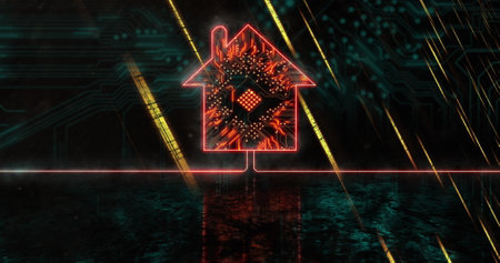Image of light trails over house icon with computer circuit board on black background. Global...