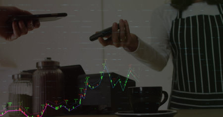 Image of data processing with graph over diverse people paying with smartphone. Global technology,...