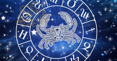 Image of cancer over rotating zodiac wheel over cosmos. Zodiac, astrology, beliefs and horoscope concept digitally generated image,の写真素材