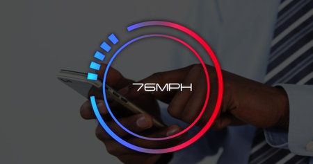 Image of scope scanning over african american businessman using smartphone. Global business, computing and digital interface concept digitally generated image.の写真素材