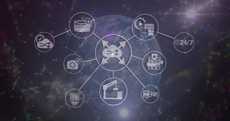 Network of digital icons and network of connections over globe against blue background. Global networking and business technology conceptの写真素材