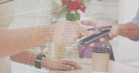 Image of data processing over hand paying with smartphone. Global business and digital interface...