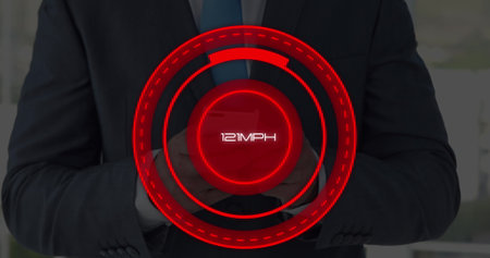 Image of scope scanning over caucasian businessman using smartphone. Global business, computing and digital interface concept digitally generated image.の写真素材