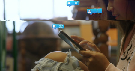 Image of media icons over caucasian woman using smartphone. Global business and digital interface...