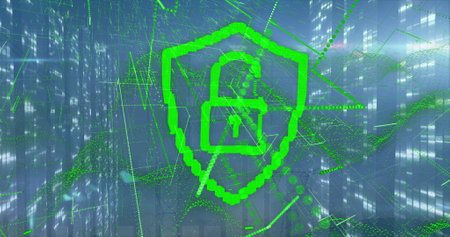 Digital image of graphical padlock with shield and lines moving against abstract background. Hologram, digitally generated, multiple exposure, technology, data and network security.の写真素材