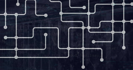 Image of network of connections and data processing over server room. Global technology, computing and digital interface concept digitally generated image.の写真素材