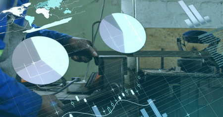 Image of statistics and data processing over african american man using machinery in factory....