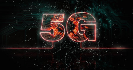 Image of light trails over 5g icon with computer circuit board on black background. Global technology, computing and digital interface concept digitally generated image.の写真素材
