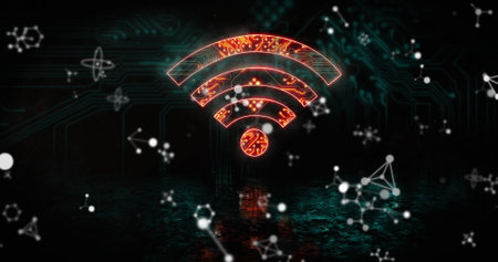Image of molecules over wifi icon with computer circuit board on black background. Global technology, computing and digital interface concept digitally generated image.の写真素材
