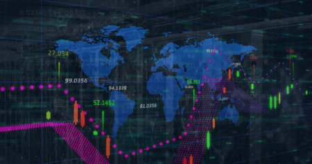 Image of financial data processing over world map against empty computer server room. Global finance...