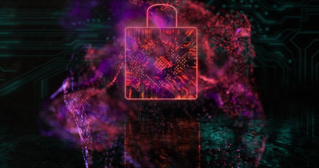 Image of purple shapes over padlock icon with computer circuit board on black background. Global technology, computing and digital interface concept digitally generated image.の写真素材