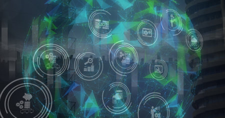 Image of digital icons and globe of plexus networks spinning against cityscape. Global networking...