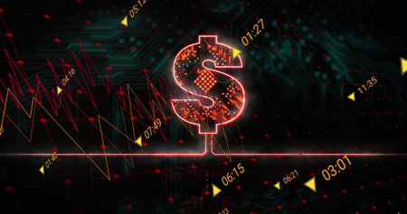 Image of data processing over dollar icon with computer circuit board on black background. Global...