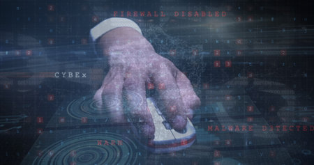 Image of block chain and hands of caucasian male hacker on black background. Internet safety, data...