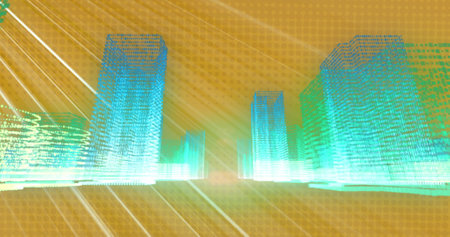 Image of digital city over light trails on orange background. Global science, technology and digital...