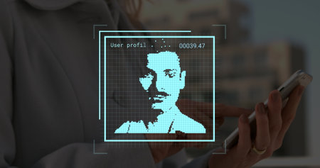 Image of data processing with people portraits over caucasian businesswoman using smartphone. Global business, computing and digital interface concept digitally generated image.の写真素材