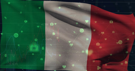 Image of data processing over flag of italy. Global business, patriotism and digital interface concept digitally generated image.の写真素材
