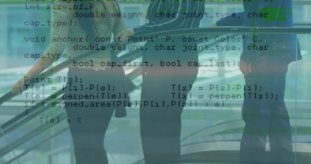 Image of data processing over caucasian women on stairs. Global business and digital interface...