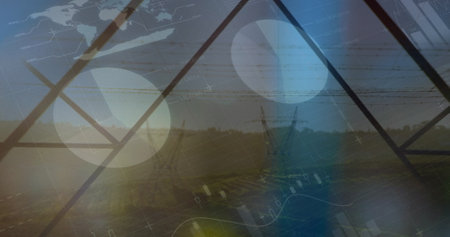 Image of data processing over pylons. Global business and digital interface concept digitally generated image.の写真素材