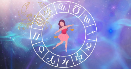 Image of horoscope symbols over stars on blue background. Horoscope and digital interface concept digitally generated image.の写真素材