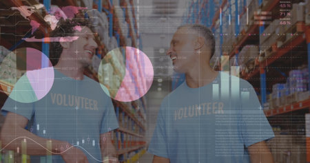 Image of data processing over diverse volunteers in warehouse. Global shipping, computing and digital interface concept digitally generated image.の写真素材