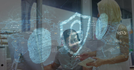 Image of data processing and padlock over caucasian business people in office. Global business,...