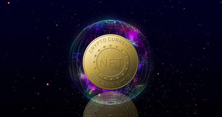 Image of nft text on golden coin and network of connections over dark background. Global business, finances, data processing and digital interface concept digitally generated image.の写真素材