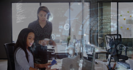 Image of data processing and scope over business people working in office. Global computing,...