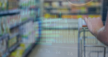 Image of financial data and graphs over hands of caucasian woman with shopping cart. Shopping, food, finance and economy concept digitally generated image.の写真素材