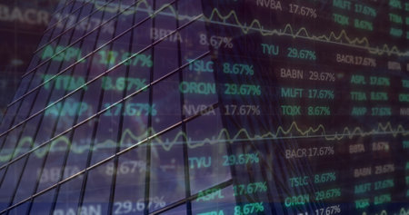 Image of financial data processing over modern office building. Global business, finance, networks and data processing concept digitally generated image.の写真素材