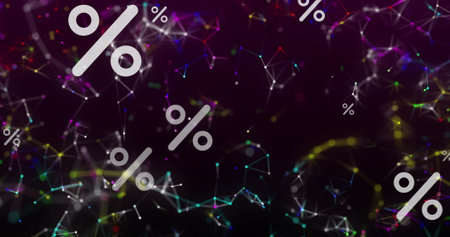 Image of percent symbol over network of connections on black background. Global connections, computing and digital interface concept digitally generated image.の写真素材