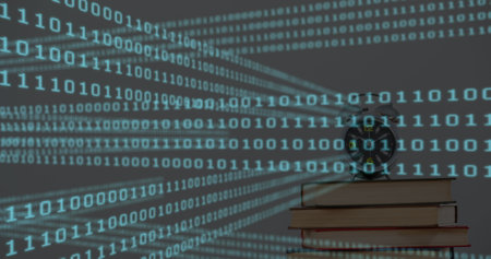 Image of blue binary codes moving over alarm clock on books against white background. Digital...