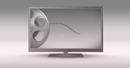 Image of television set with film strip rolling against white background. Digitally generated, hologram, entertainment, film industry, projection and technology concept.の写真素材