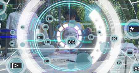 Image of data processing and 6g texts over asian mother and daughter in garden. Global business and digital interface concept digitally generated image.の写真素材