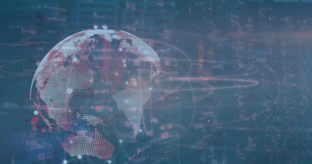 Image of spinning globe with network of connections. Global connections, networks and data processing concept digitally generated image.の写真素材