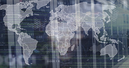 Image of close up of african american man, programming language and map against server room. Digital composite, multiple exposure, global, hacker, technology and network server concept.の写真素材