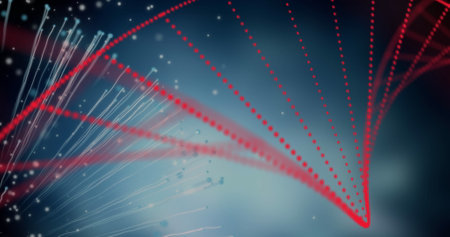 The image of a 3d dna strand, formed with red glowing particles spinning on a black background, is a global medicine genetics concept that is digitally generated.の写真素材
