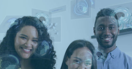 Image of financial data processing over diverse business people. Global business, finances, computing and data processing concept digitally generated image.の写真素材