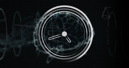 Image of clock moving over waves on black background. time passing by, space and connections concept...