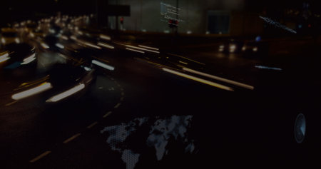 Image of round scanners and data processing against time-lapse of city traffic at night. Computer...