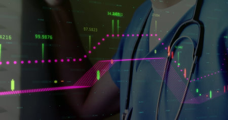 Image of financial graphs over caucasian male doctor. health, medicine, finance and economy concept...